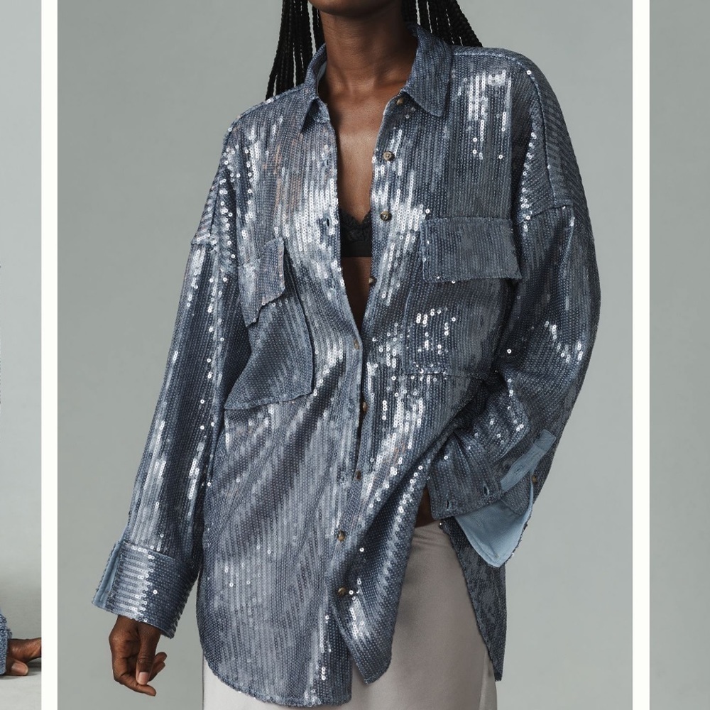 Pilcro- NWT Anthropologie Sequin Blue Button Down Long-sleeve Shirt - Picture 3 of 8